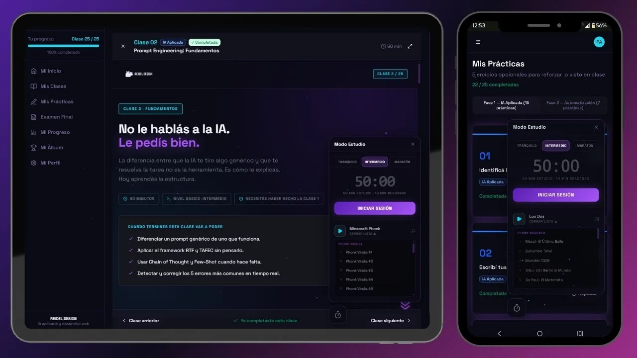 Modo Estudio con temporizador y playlist